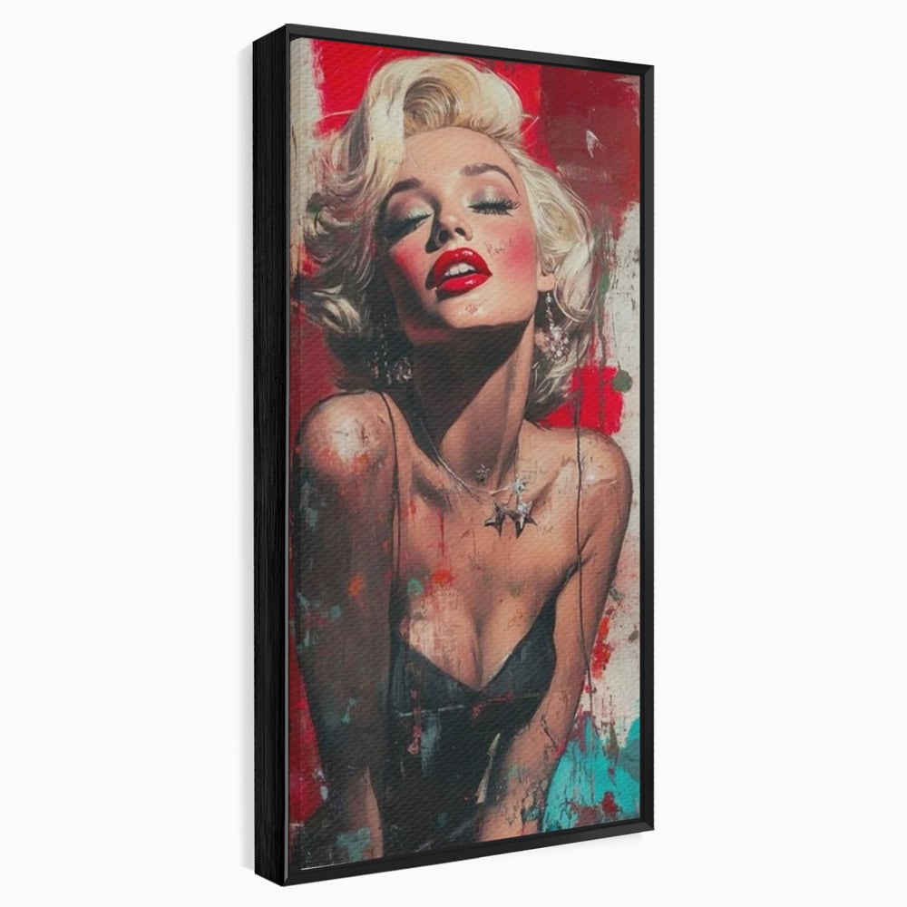 Tablou canvas cu tablou canvas cu portret pop art blonda buze rosii, in rama de aluminiu negru